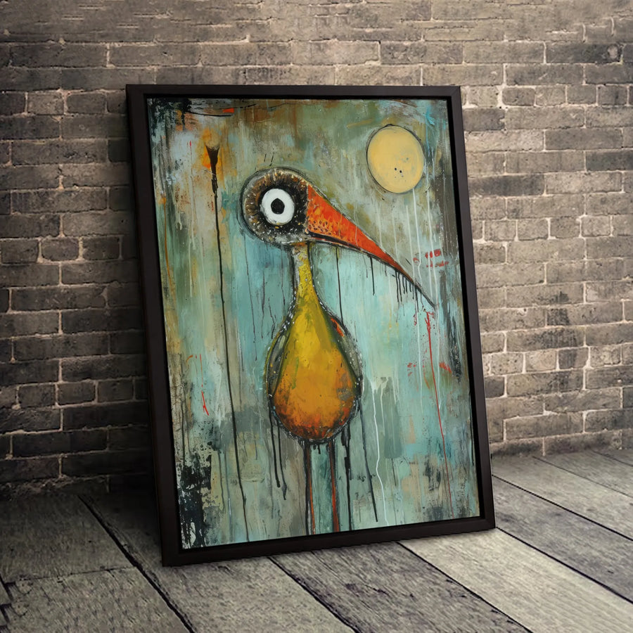 Abstract Bird Wall Art | Quirky Yellow Bird With Big Eye Painting | Premium Canvas Print | Unique Gallery-Quality Decor For Modern Home Or Office