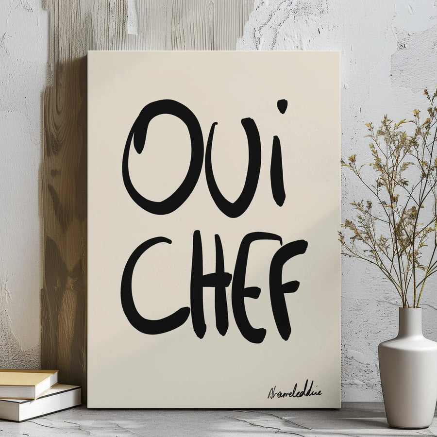 Oui Chef Canvas Wall Art | Minimalist Handwritten Kitchen Quote | Premium Gallery Wrapped Decor | Chef Gift for Home and Restaurant