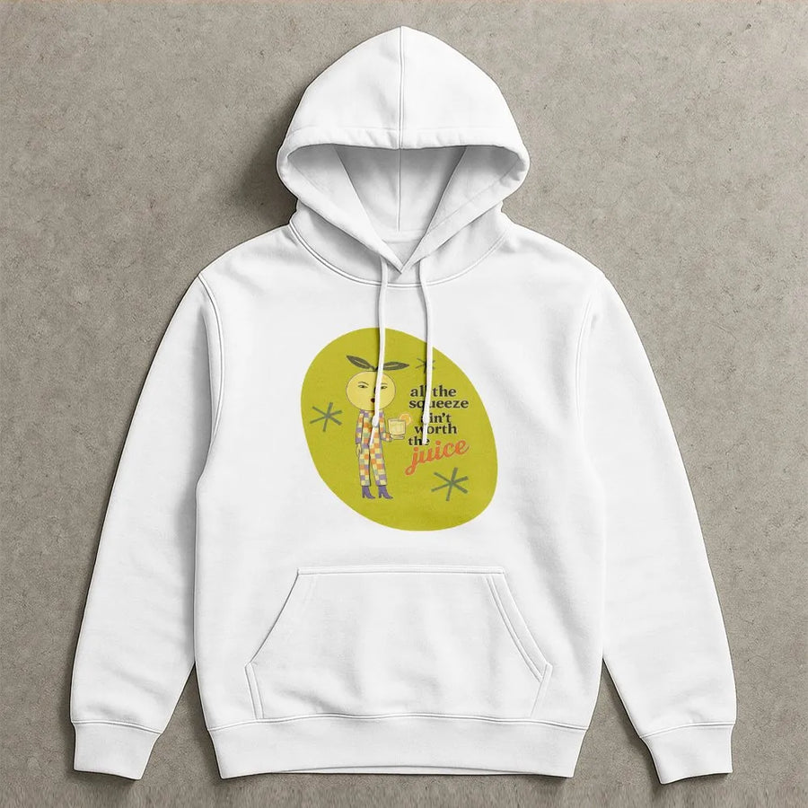 Retro Lemon Character Hoodie | All The Squeeze Ain't Worth The Juice Graphic | Premium Cotton Blend | Funny Foodie Gift Unisex Pullover