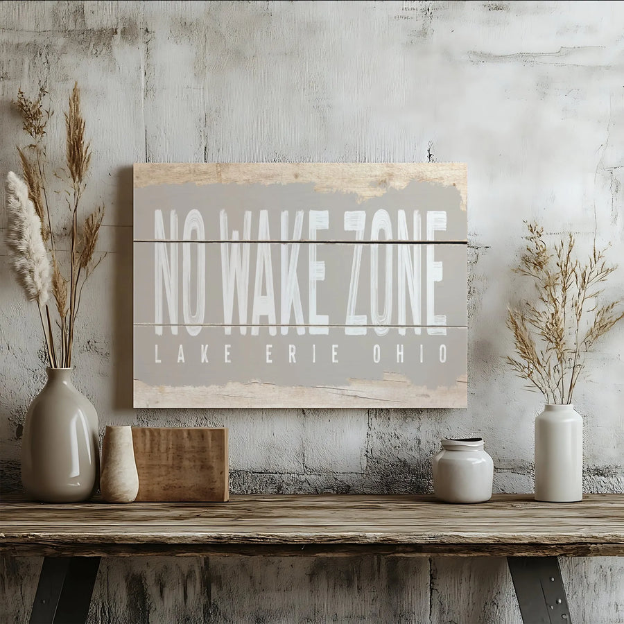 No Wake Zone Canvas Wall Art | Rustic Lake Erie Ohio Wood Look Sign | Premium Stretched Canvas | Lake House Decor Boater Gift