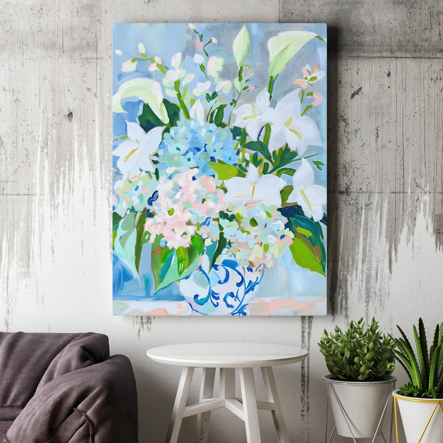 Abstract Floral Bouquet Canvas | Painterly Hydrangea & Lily Still Life Print | Premium Gallery Wrapped Wall Art | Grandmillennial Home Decor Gift