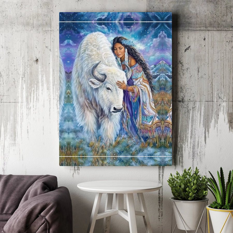 Native American Woman and White Buffalo Canvas | Sacred Spirit Animal Wall Art | Premium Gallery Wrapped Print | Spiritual Home Decor Collector's Gift