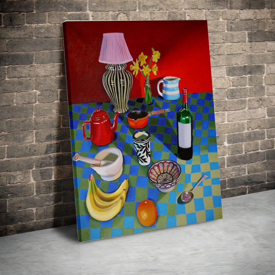 Still Life Canvas Print | Vibrant Kitchen Table Painting on Checkered Tablecloth | Premium Thick Gallery Canvas | Kitchen & Dining Room Wall Decor Gift