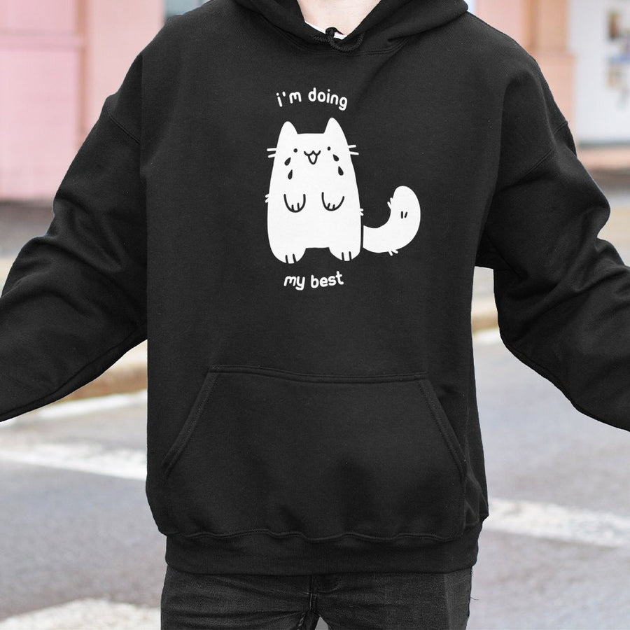 I'm Doing My Best Cat Hoodie | Cute Crying Kitty Graphic | Premium Cotton Blend Sweatshirt | Funny Kawaii Gift for Cat Lovers