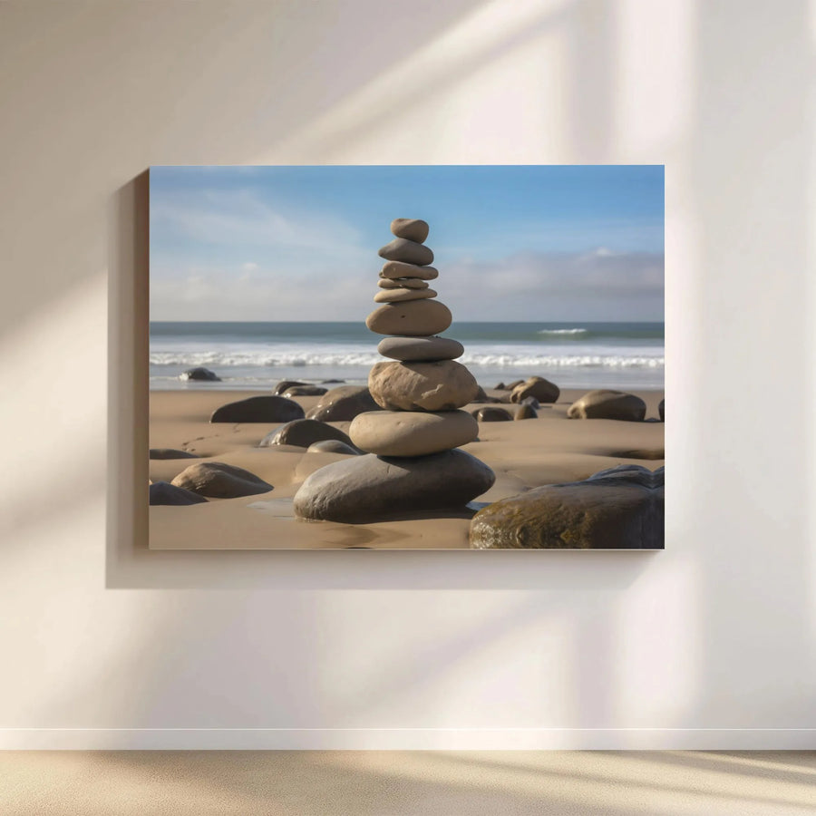 Zen Stacked Stones Canvas Art | Coastal Beach Meditation Print | 1.25 Inch Gallery Wrap | Calming Home Office Decor