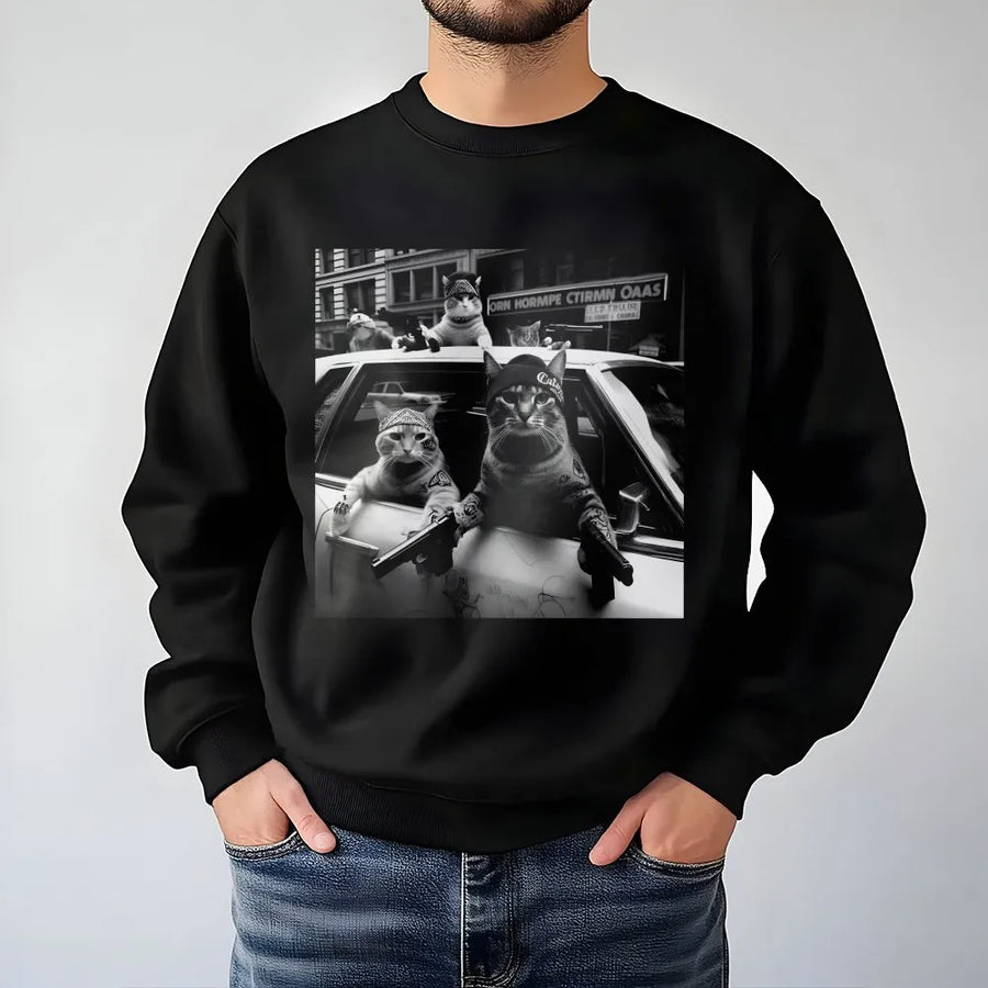 Gangster Cat Sweatshirt | Streetwear Style Kitties Graphic | Premium Cotton Blend Crewneck | Funny Pet Lover Gift For Men And Women