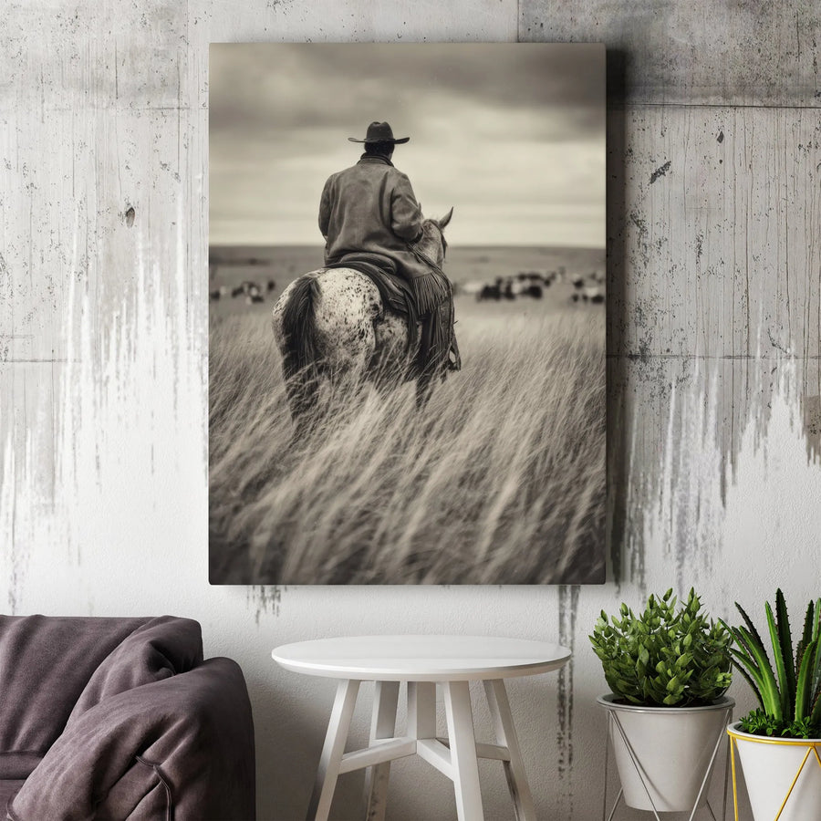Western Cowboy Canvas Print | Black and White Lone Rider Photography | Premium Gallery Wrapped Wall Art | Rustic Farmhouse Decor Gift for Men