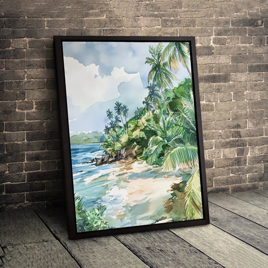 Tropical Beach Canvas Print | Watercolor Palm Trees Ocean Landscape | Premium Gallery Wrapped Art | Coastal Home Decor for Living Room