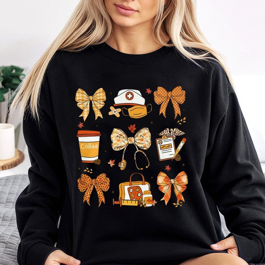 Fall Nurse Sweatshirt | Coquette Bow Aesthetic Graphic | Cotton Blend Premium Crewneck | Cute Nursing School Gift for RN LPN Student