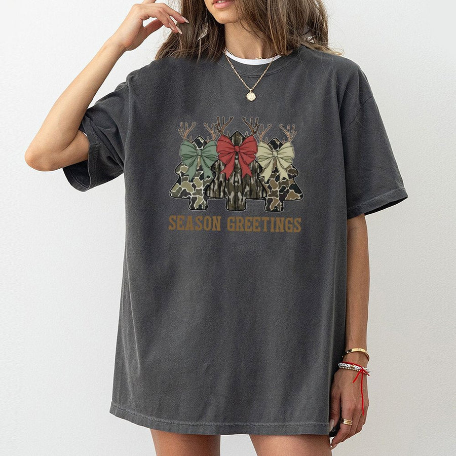 Camo Christmas Tree T-Shirt | Rustic Reindeer Bow Design | Soft 100% Cotton Premium Tee | Festive Holiday Gift for Women and Hunters