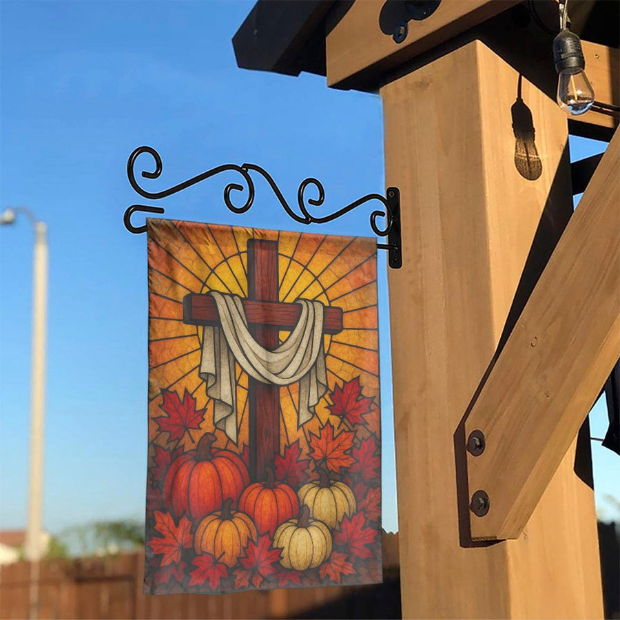 Christian Cross Garden Flag | Stained Glass Autumn Pumpkin Design | Premium Weather-Resistant Polyester | Religious Fall Yard Decor Gift