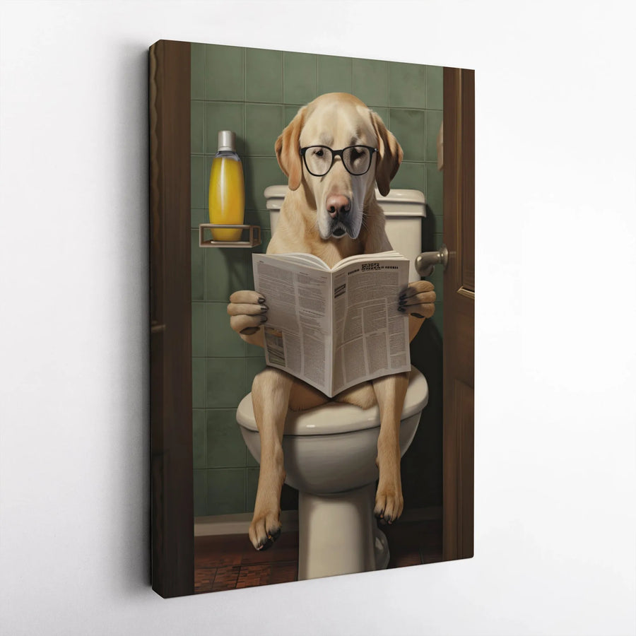 Yellow Labrador Dog Reading Newspaper on Toilet | Funny Bathroom Wall Art | Premium Gallery-Wrap Canvas | Whimsical Pet Lover Gift