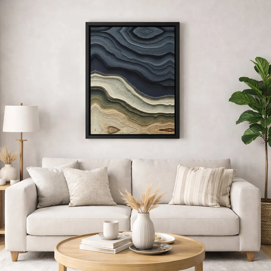 Abstract Agate Wall Art | Navy Blue and Gold Earth Tone Waves | Premium 1.25" Gallery Canvas | Modern Minimalist Home Decor Gift