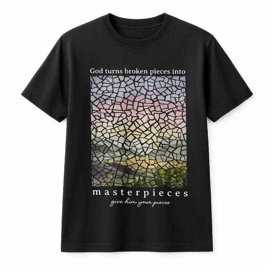 God Turns Broken Pieces Into Masterpieces T-Shirt | Stained Glass Aesthetic Design | Premium Soft Cotton | Faith-Based Inspirational Gift For Her