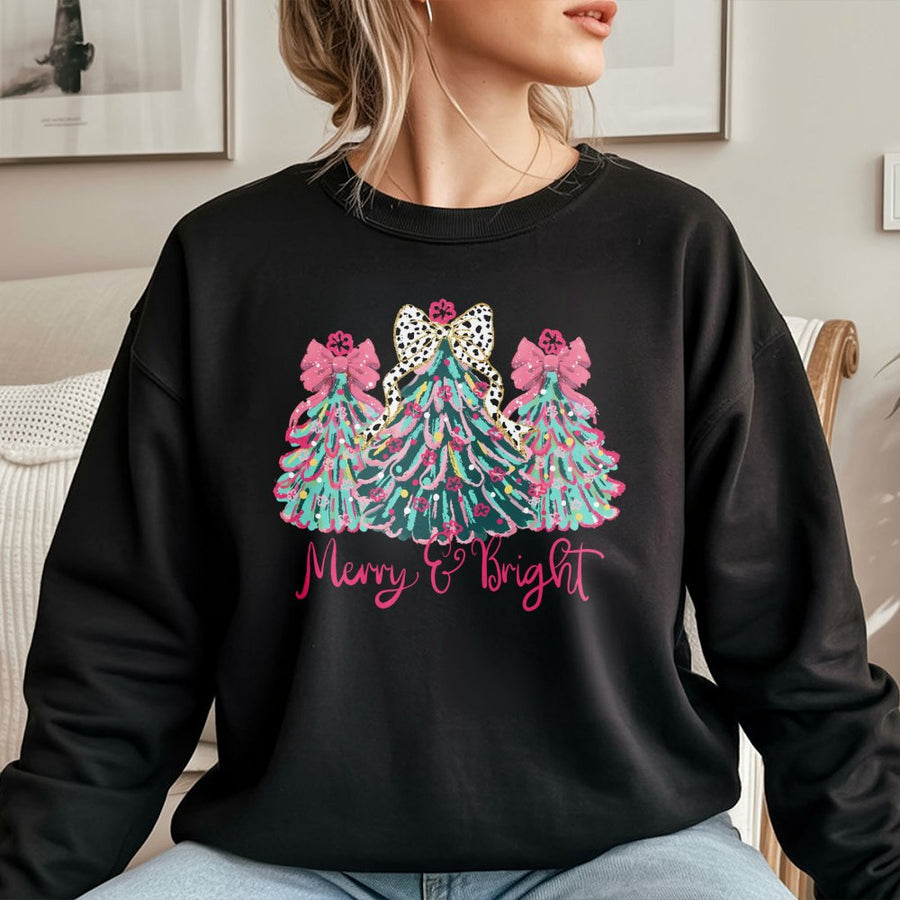 Merry & Bright Christmas Sweatshirt | Colorful Leopard Print Holiday Tree Design | Soft Cotton Blend | Festive Apparel Gift For Her