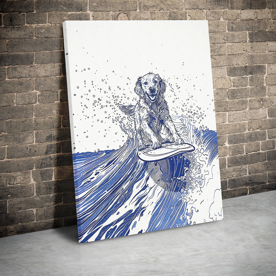 Surfing Golden Retriever Canvas Wall Art | Blue Ink Sketch Style | Premium Gallery Wrap | Coastal Home Decor Gift for Dog Lovers