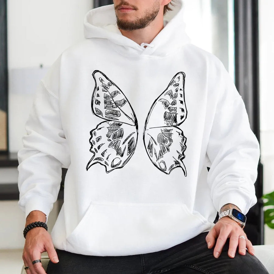 Butterfly Graphic Hoodie | Hand-Drawn Sketch Wings Design | Soft Cotton-Polyester Blend | Trendy Aesthetic Gift For Men And Women
