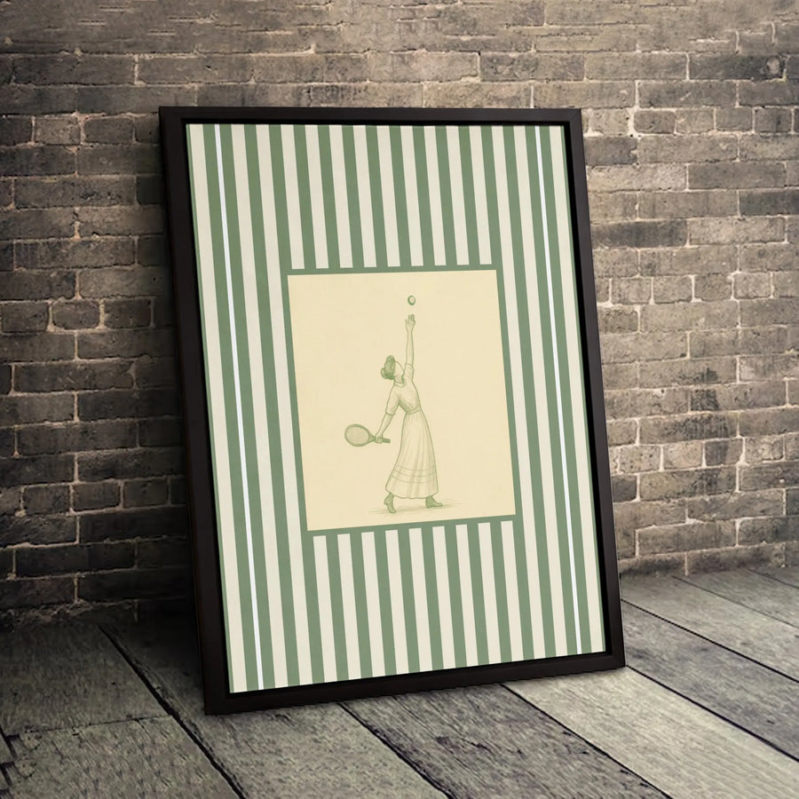 Vintage Tennis Player Canvas Wall Art | Retro Sport Sketch with Green Stripes | Premium Fade-Resistant Gallery Print | Gift for Tennis Lovers