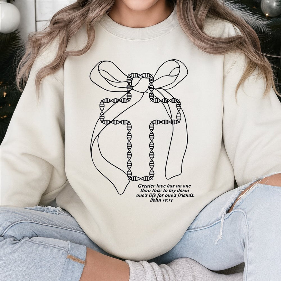 Christian Cross Sweatshirt | DNA Helix Bow Graphic | Premium Cotton Blend | Religious Gift for Men and Women, Faith Based Apparel