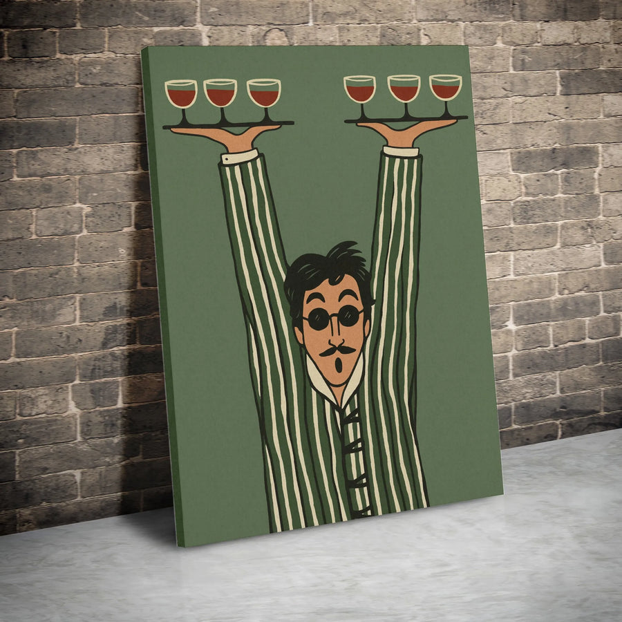 Waiter Serving Wine Canvas Wall Art | Mid Century Modern Retro Illustration | Premium 1.25-Inch Gallery Wrap | Kitchen Bar Decor Gift