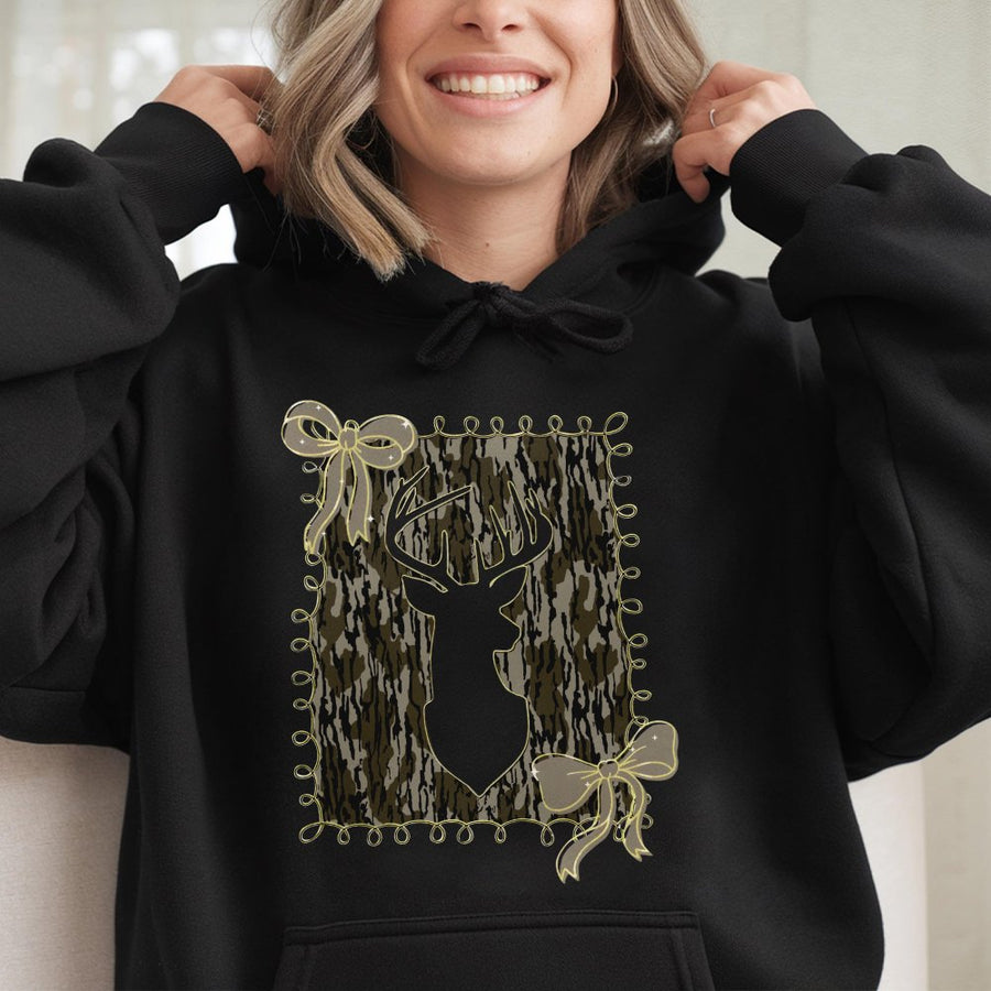 Deer Camo Bow Hoodie | Coquette Aesthetic Hunting Design | Premium Cotton Blend | Gift for Women and Country Girls