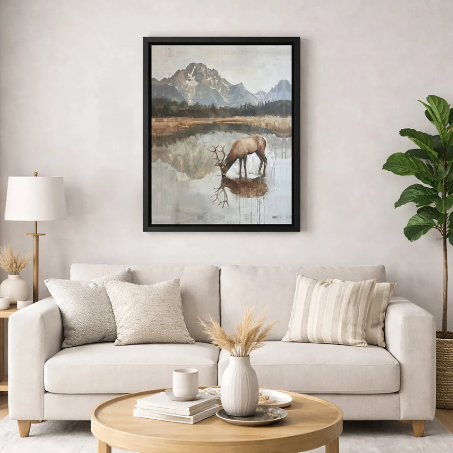 Elk Mountain Lake Canvas Wall Art | Rustic Wildlife Nature Landscape Print | Premium 1.25" Gallery Wrapped Decor | Lodge Cabin Home Gift