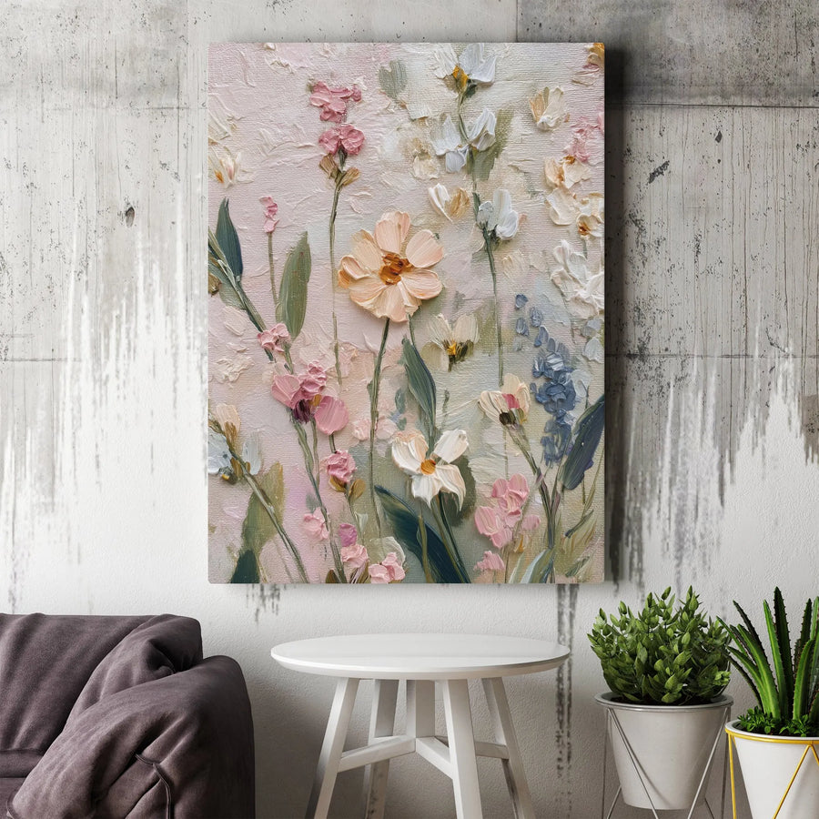 Textured Floral Vertical Canvas | 3D Effect Impasto Flower Painting Print | Premium Gallery Wrapped Canvas | Modern Farmhouse Living Room Wall Decor Gift