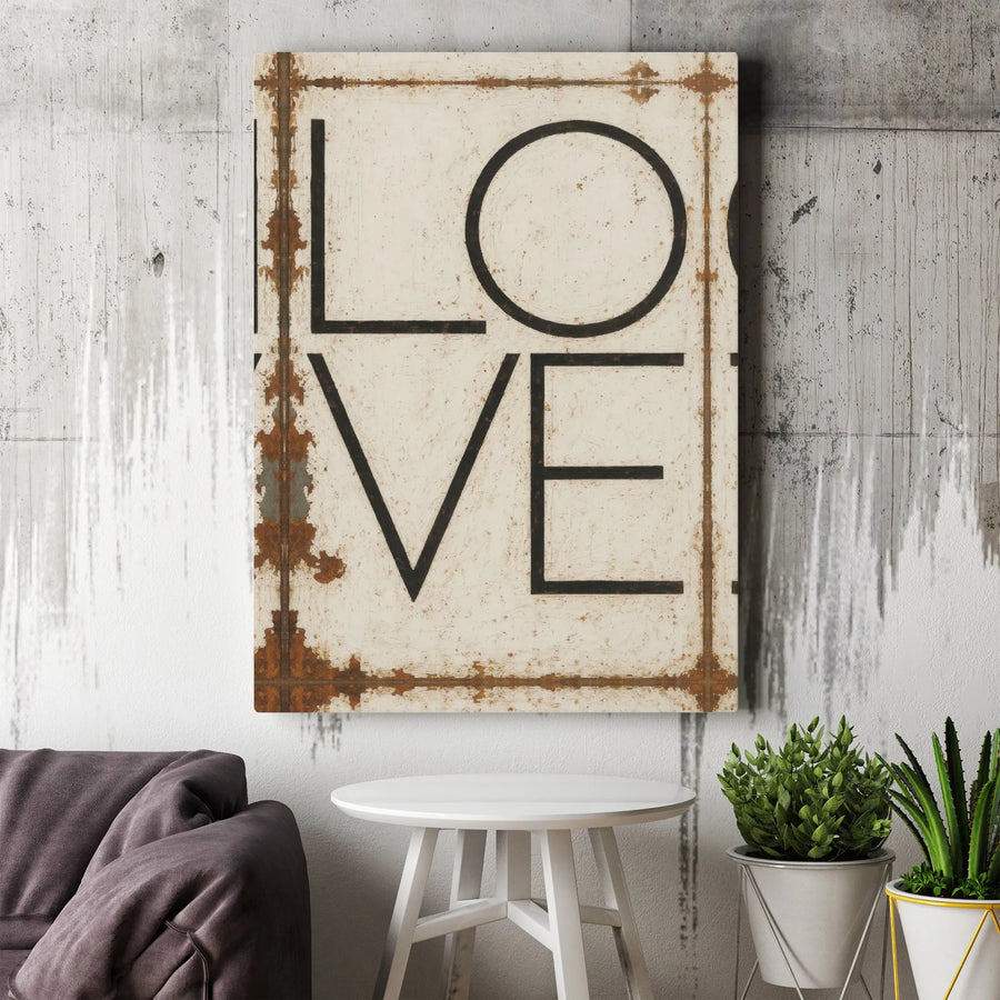 Love Canvas Wall Art | Rustic Industrial Distressed Typographic Decor | Premium Gallery Wrap Stretched Print | Romantic Modern Farmhouse Home Gift