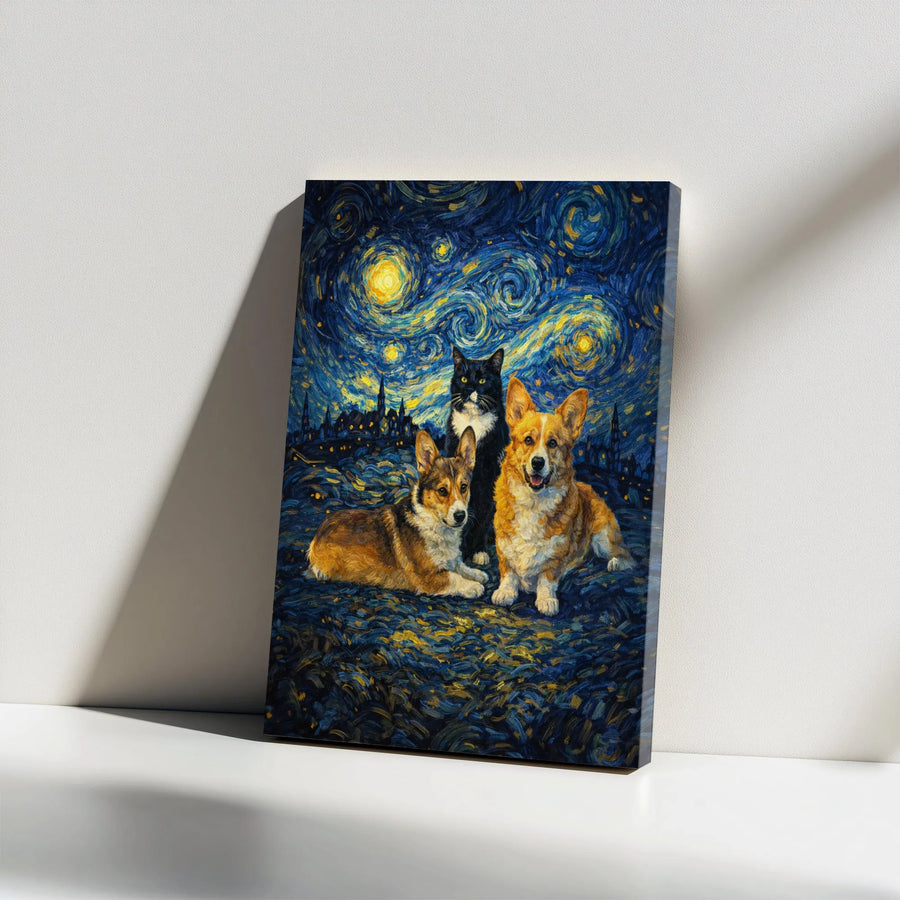 Corgi and Cat Starry Night Canvas Art | Van Gogh Style Pet Portrait | Premium Gallery Wrapped Canvas | Collector's Gift for Dog Lover Home Decor