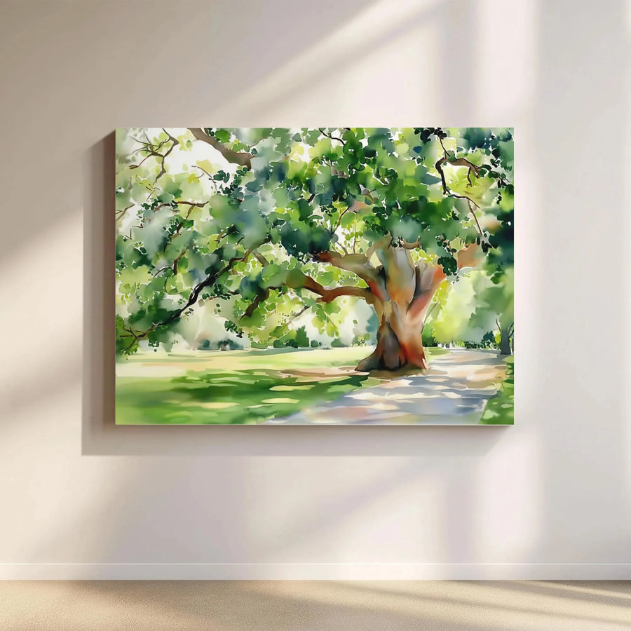 Large Oak Tree Canvas Print | Watercolor Park Landscape Art | Premium Fade-Resistant Wall Decor | Nature-Inspired Gallery Gift for Home Office