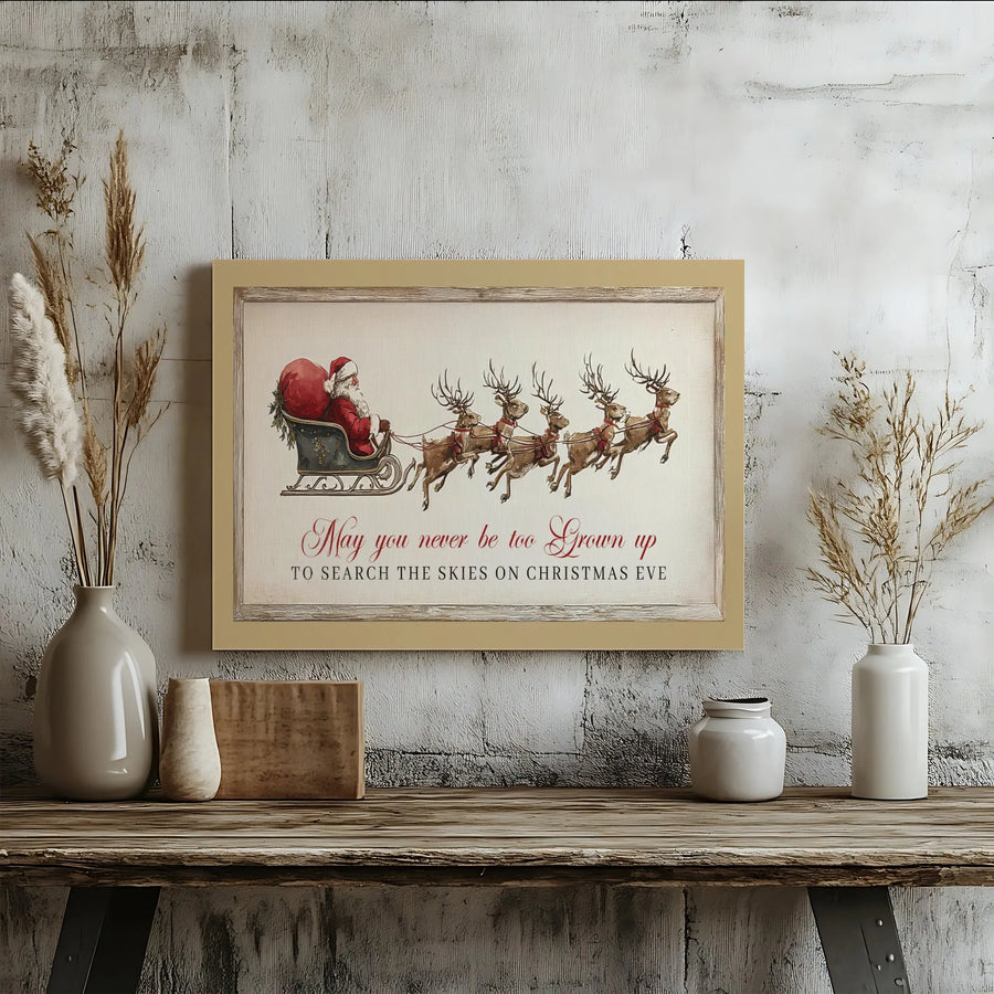 Vintage Christmas Canvas Wall Art | Santa Claus Sleigh & Reindeer Print with Quote | Premium Gallery Wrap Canvas | Rustic Holiday Home Decor Gift