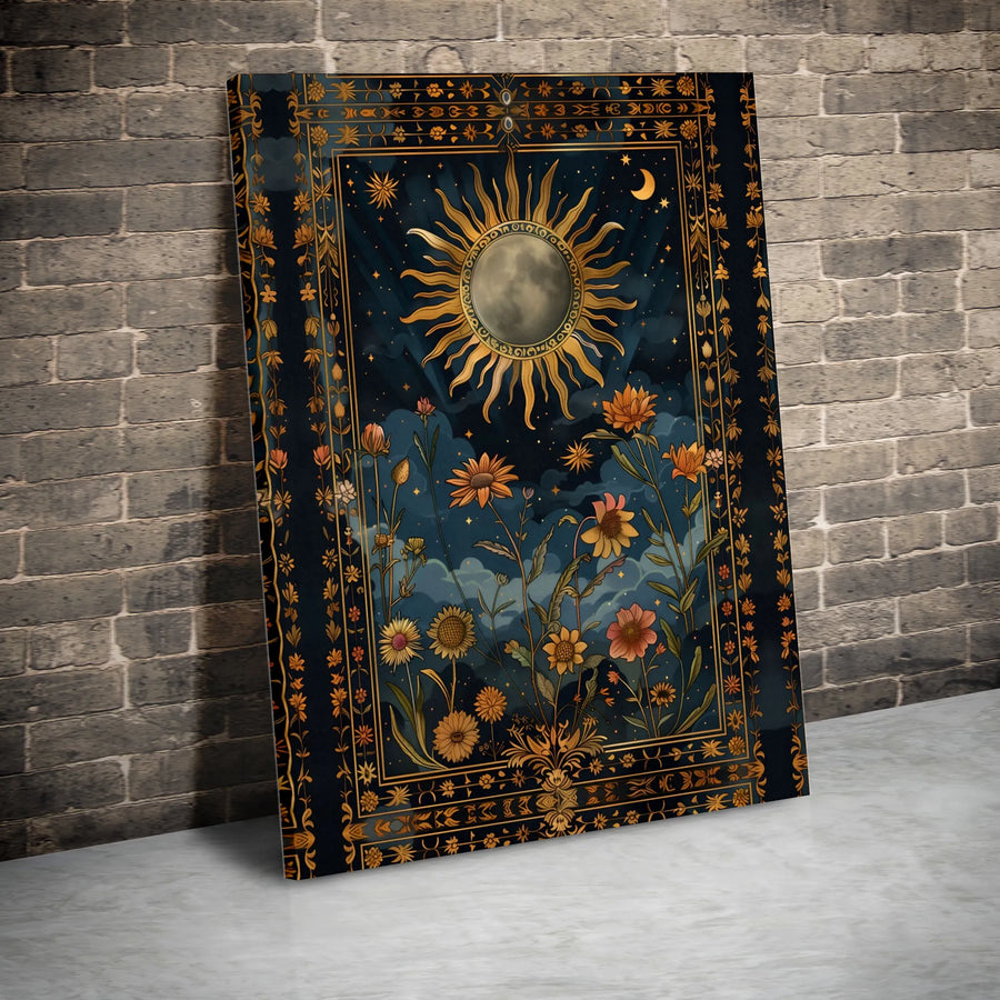 Celestial Sun And Moon Canvas Art | Boho Wildflower Tarot Style Print | Premium Gallery Wrap Wall Decor | Spiritual Witchy Home Gift