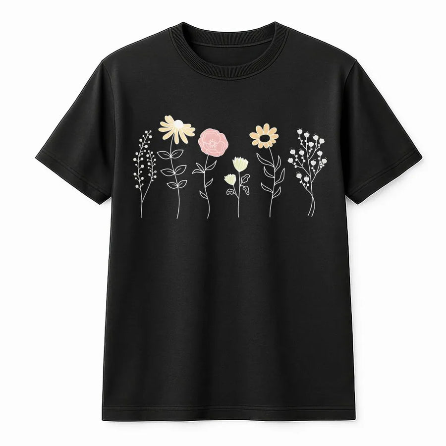 Wildflower T-Shirt for Women | Minimalist Botanical Graphic | Premium Cotton-Blend Pullover | Boho Cottagecore Aesthetic Gift for Nature Lover