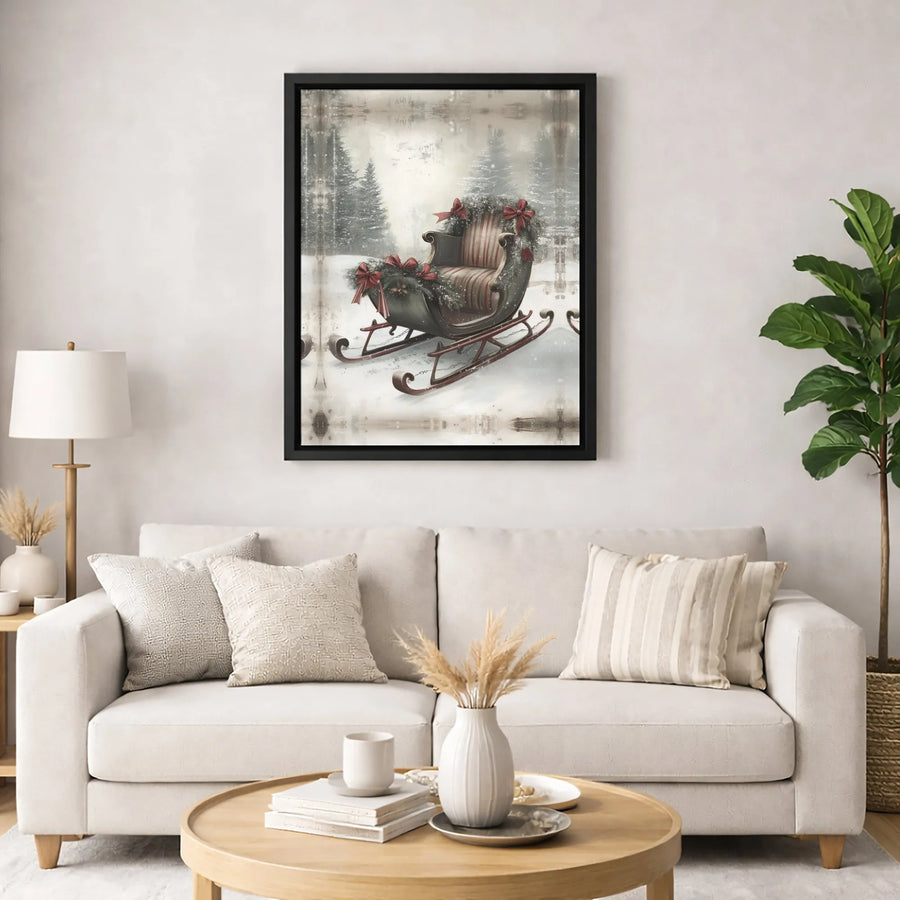 Vintage Christmas Sleigh Canvas Print | Snowy Forest Holiday Wall Art | Premium Gallery-Wrapped Decor | Festive Seasonal Home Gift