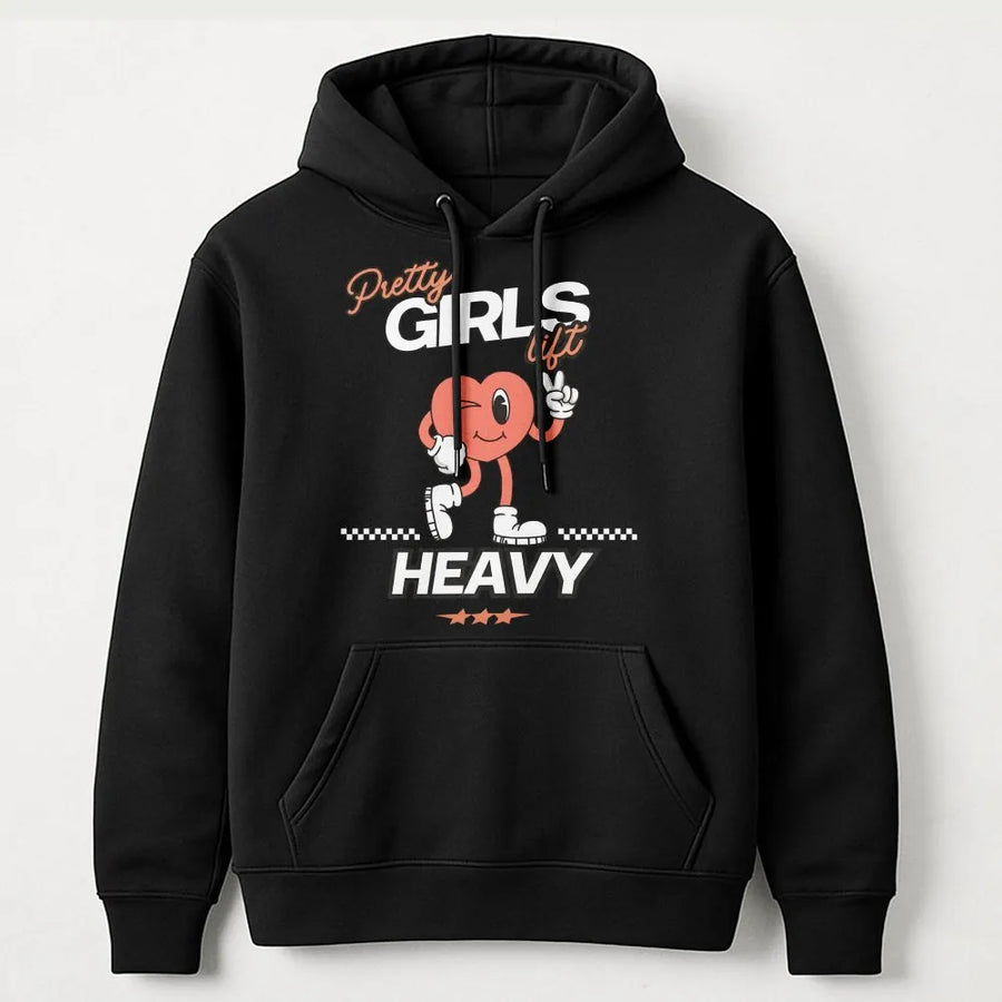 Pretty Girls Lift Heavy Hoodie | Retro Cartoon Heart Graphic | Soft Breathable Cotton | Funny Workout Gift for Women