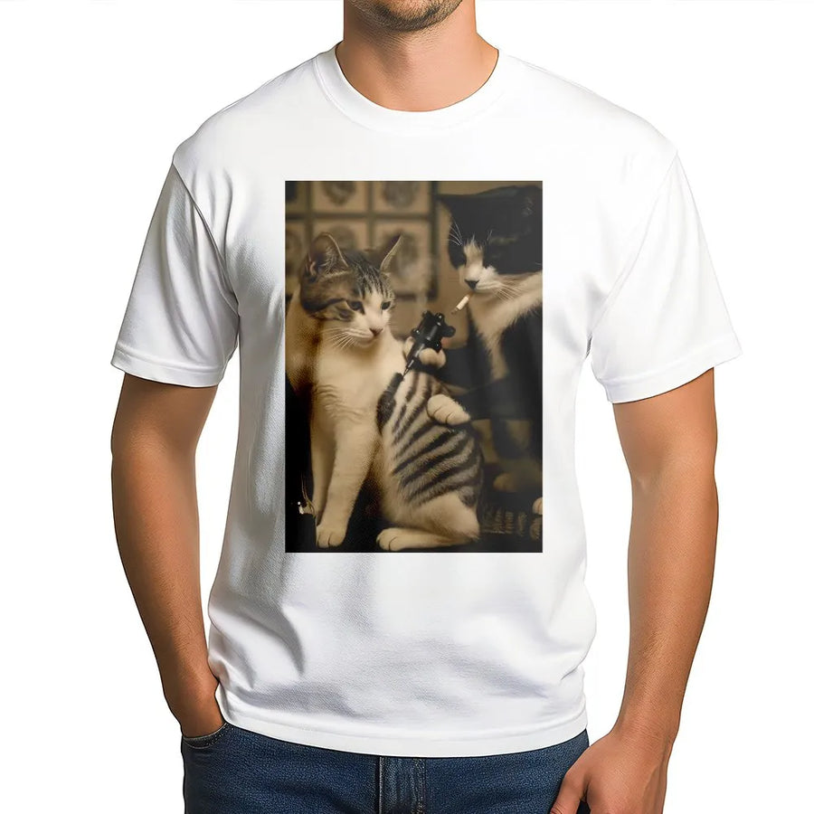 Tattoo Artist Cat T-Shirt | Funny Smoking Cat Graphic Tee | 100% Premium Cotton | Quirky Gift for Cat Lovers and Ink Enthusiasts