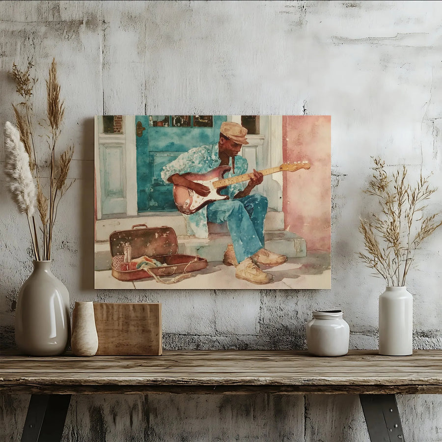 Blues Guitarist Canvas Wall Art | Watercolor Street Performer Painting | Premium Fade-Resistant Print | Collector's Gift for Jazz & Blues Music Lover