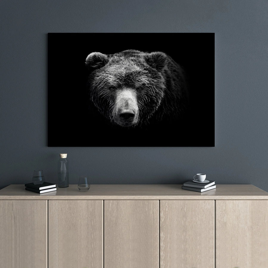 Grizzly Bear Wall Art | Black and White Wildlife Photography | Premium Gallery Wrap Canvas | Modern Home Office Decor Gift