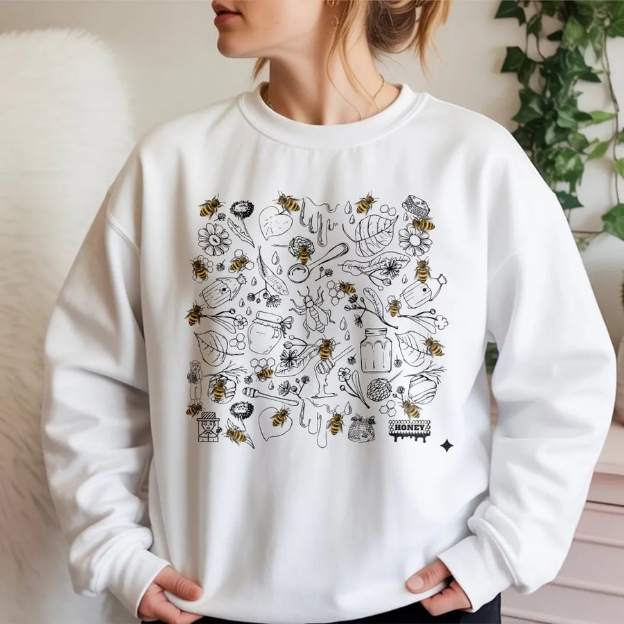 Botanical Bee Sweatshirt | Vintage Honeycomb Doodle Print | Soft Cotton Blend Pullover | Gift for Nature Lover