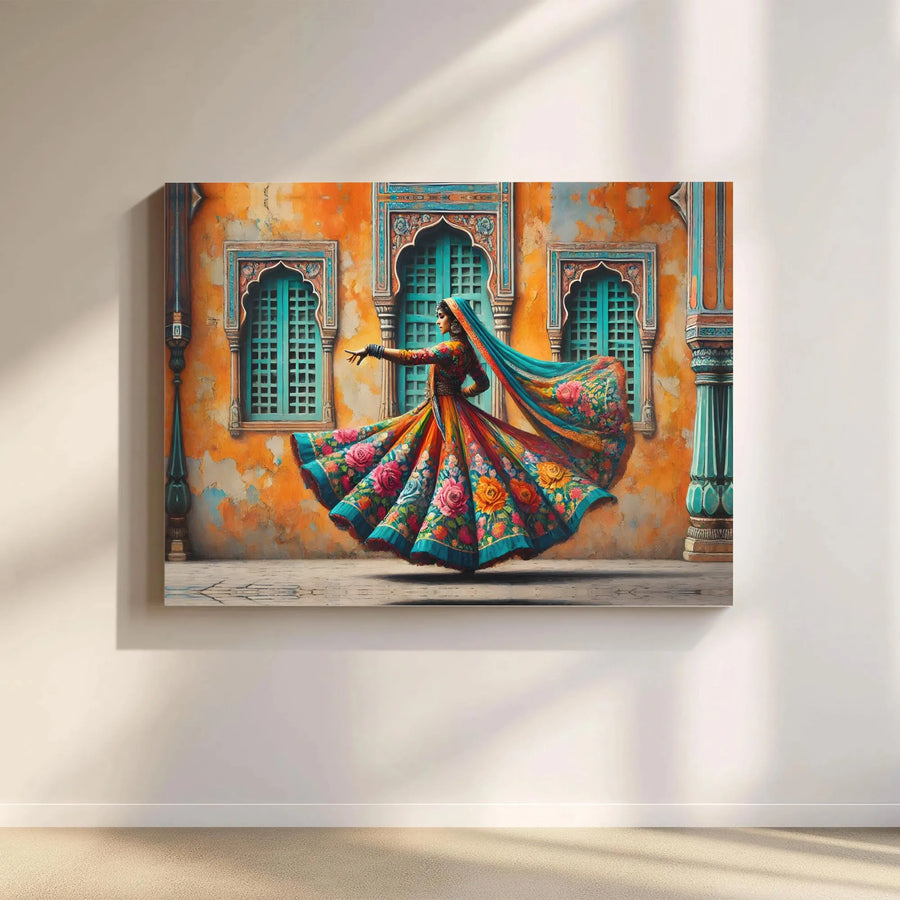 Indian Kathak Dancer Canvas Wall Art | Vibrant Traditional Floral Lehenga Print | 1.25 Inch Gallery Wrap | Cultural Home Decor Gift