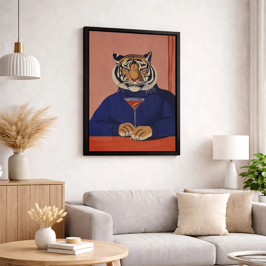 Tiger Canvas Wall Art | Anthropomorphic Martini Drinking Tiger | Premium Gallery-Wrapped Print | Whimsical Living Room Home Decor