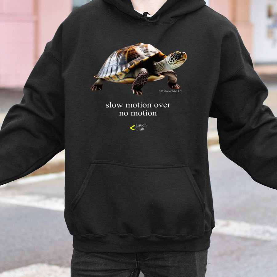 Slow Motion Turtle Graphic Hoodie | Inspirational Quote Motivational Streetwear | Premium Cotton Blend | Unisex Casual Gift For Nature Lovers