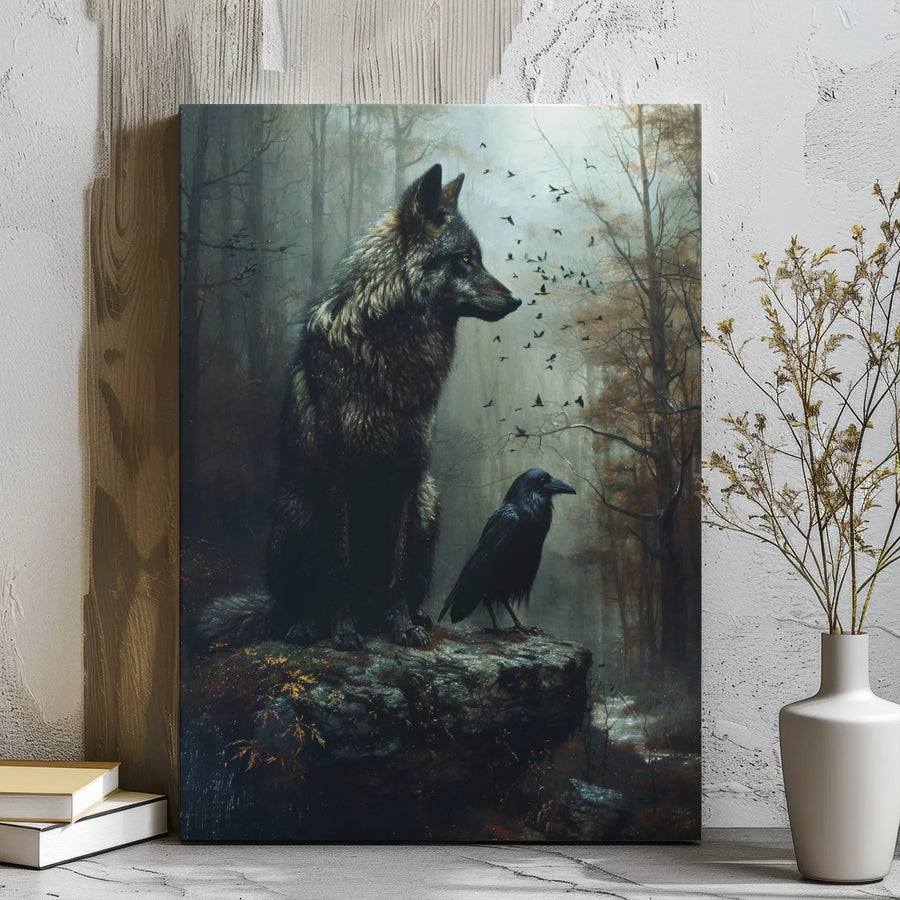 Wolf and Raven Canvas Wall Art | Dark Forest Mystical Wildlife Print | Premium Gallery Wrap Decor | Nature Lover Gift for Home Office