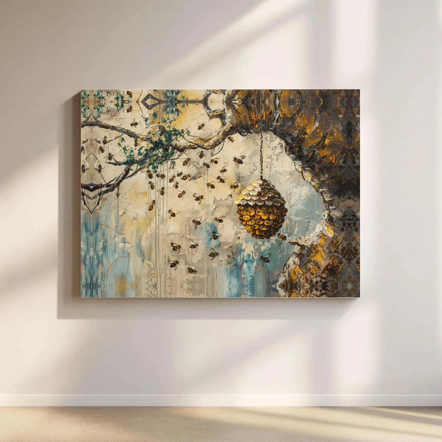Honey Beehive Horizontal Canvas | Textured Impasto Style Wild Bee Tree Art | Premium 1.25 Inch Stretched Gallery Wrap | Rustic Nature Lover Home Gift