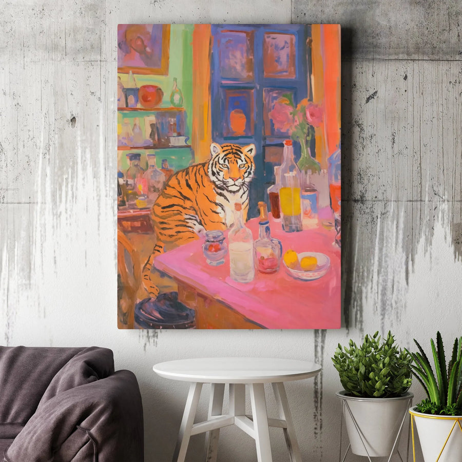 Tiger Bar Painting Canvas Art | Whimsical Colorful Tiger Sitting At Table | Gallery-Wrapped Premium Print | Unique Animal Lover Home Decor Gift