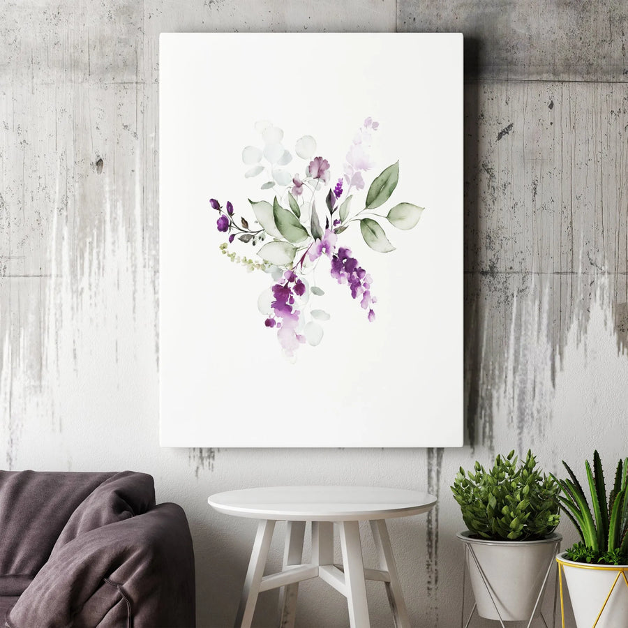 Watercolor Purple Floral Canvas Art | Botanical Eucalyptus Bouquet Wall Decor | Premium 1.25-Inch Gallery Wrap | Minimalist Nature Print Gift for Home