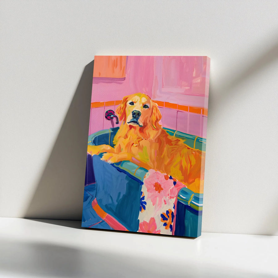 Golden Retriever in Bathtub Canvas | Vibrant Pop Art Dog Painting | Thick Gallery Wrapped Print | Unique Gift for Dog Mom, Bathroom Wall Decor