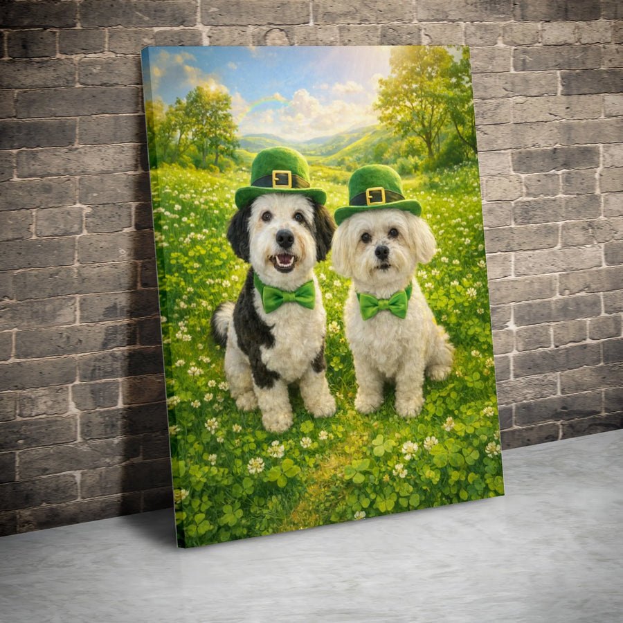 St Patricks Day Dogs Canvas Wall Art | Cute Leprechaun Dogs in Clover Field | Premium Gallery Wrapped Print | Seasonal Irish Home Decor Gift for Dog Lovers