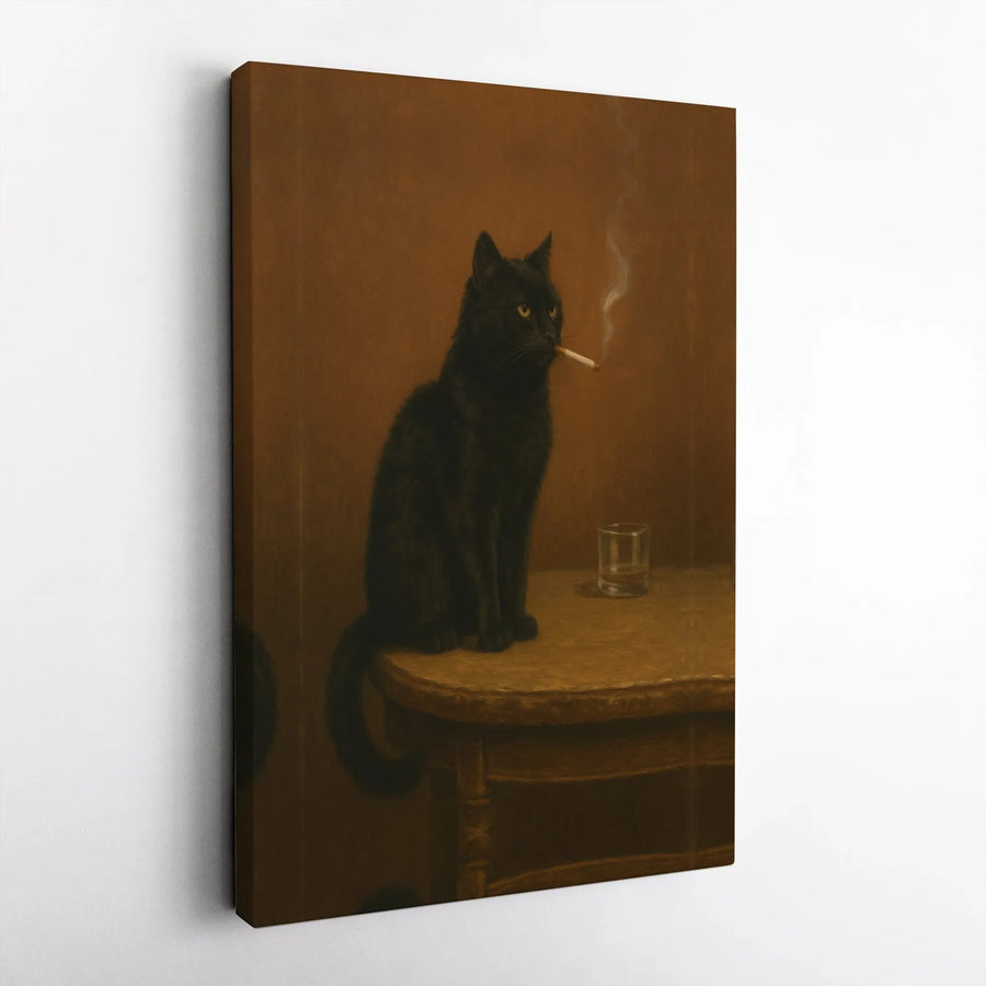 Black Cat Smoking and Whiskey Canvas Wall Art | Moody Surrealist Portrait | Gallery Wrap Premium Print | Edgy Home Decor Gift for Cat Lovers