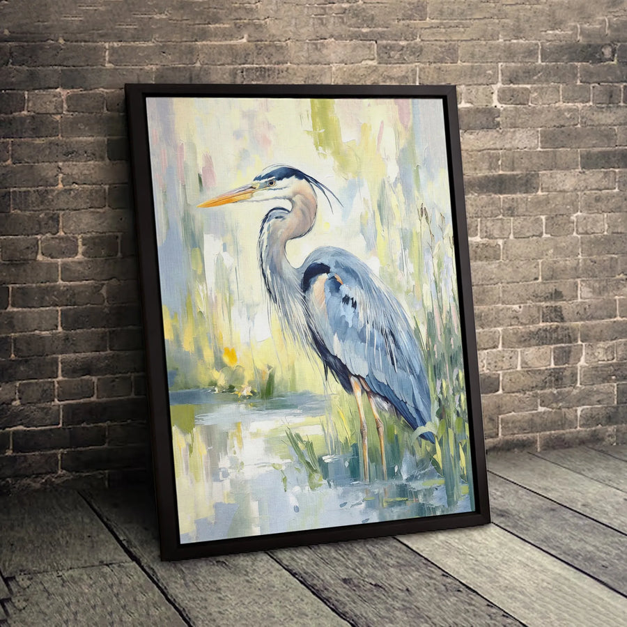 Great Blue Heron Canvas Wall Art | Impressionistic Marsh Bird Painting | Premium Gallery Wrapped Decor | Nature Lover Gift for Home Office